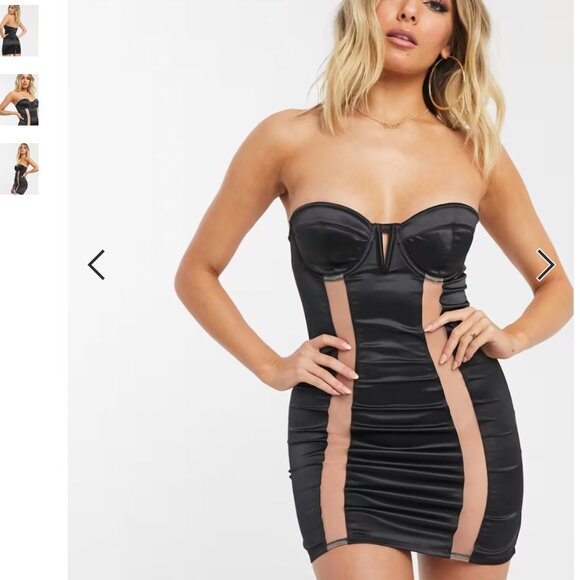 *2 AVAILABLE* ASOS DESIGN black satin mini dress mesh panels 34D - Picture 1 of 3